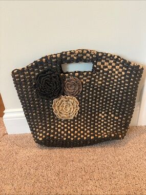 Relativity Black and Tan Woven Tote with Floral Appliqués